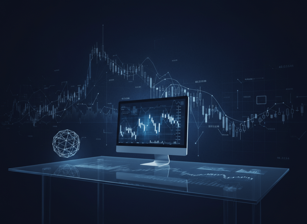 A professional financial research workspace with deep navy blue color tones (#002244). Dark navy background with subtle financial charts, data visualizations, and market graphs overlaid. Moody, sophisticated, high-contrast image with deep blue and midnight navy hues. Professional financial advisory atmosphere.